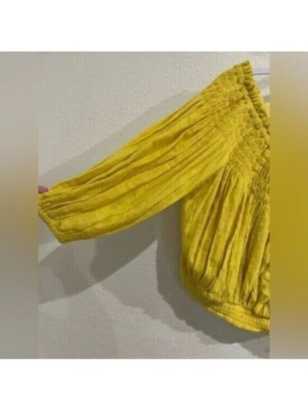 Free People Gauzy Yellow Feminine Top Puff Sleeve On Off Shoulder Cottagecore